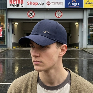 Men's navy blue baseball cap with gold S Sport embroidery in classic cotton twill