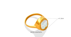 Detail of 1.3cm white seashell inlay on a gold-plated titanium steel round ring