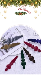 Detail of vintage flocked conical Christmas ornaments in assorted colors on lace background