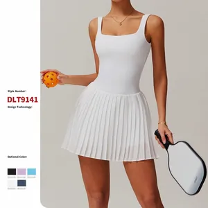 Women's Athletic Tennis Dress Square Neck Pleated Dress With Built-in Shorts Pockets For Golf Fitness Running Quick Dry Breathable Polyester Sportswear Top And Bottom