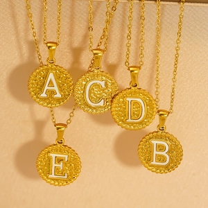 Hammered texture round alphabet necklace in gold-plated titanium steel for women
