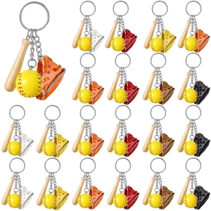 Detailed set of baseball keychain with wooden bat, ball, and colorful leather gloves