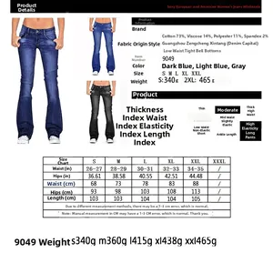 Detaillierte Größentabelle für Schlagjeans mit Angaben zu Taille, Hüfte und Beinlänge