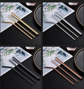 Detailed set of 304 stainless steel straws in gold, silver, black and rose gold finishes