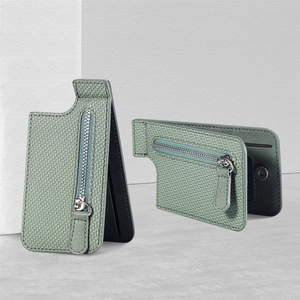 Detail of grey-green woven leather phone card holder with zipper pocket and adhesive back