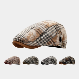 Retro Plaid Flat Cap British Vintage Adjustable Metal Buckle Cotton Tweed Patchwork Suede Brim Newsboy Hat For Men Women