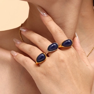 Retro 18k gold plated stainless steel teardrop ring with blue lapis resin stone