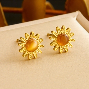 Luxury gold sunflower stud earrings featuring amber tiger eye stones for women