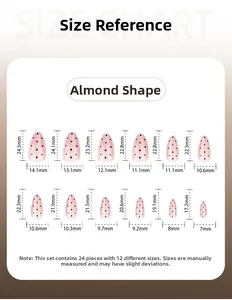 Size guide for almond press-on nails showing 12 detailed width and length measurements