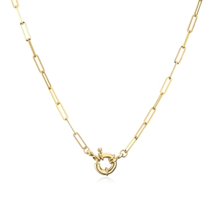 Detail of gold paperclip link chain with a round spring clasp on a white background