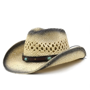 Western style straw cowboy hat with turquoise leather band and breathable hollow weave