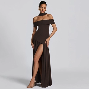 Elegant deep brown off-the-shoulder long dress with high slit and matching scarf
