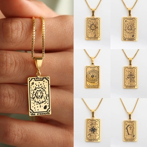 Tarot Card Pendant Necklace Stainless Steel 18K Gold Plated Vintage Retro Jewelry For Women Celestial Astrology Style