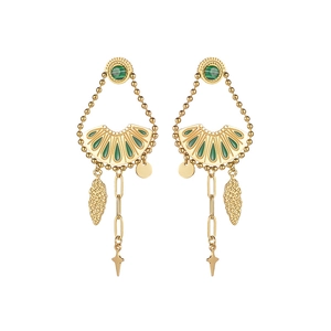 Vintage bohemian tassel drop earrings in gold stainless steel with green malachite stone
