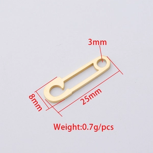 Detailed specs of golden safety pin pendant with 25mm length and 3mm hole diameter