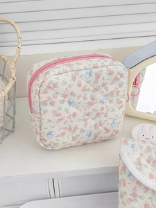 Trousse de toilette matelassée à fleurs avec fermeture éclair rose et roses bleues