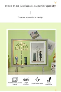 Cadre photo rotatif double face en bois avec veilleuse LED et figurines miniatures