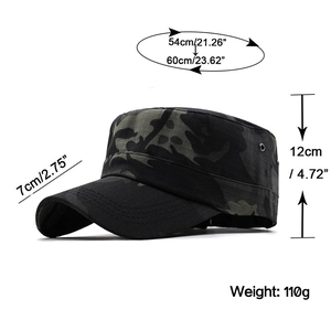 Camo flat top cadet cap with dimensions 54-60cm head circumference for men and women