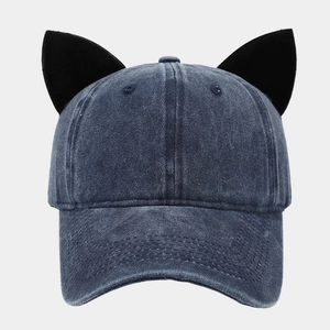Washed denim baseball cap with velvet cat ears decoration for a trendy casual style
