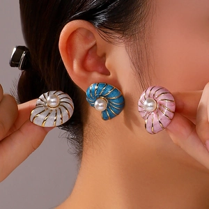 Conch Shell Enamel Earrings With Faux Artificial Pearl Stainless Steel Vintage Sea Snail Jewelry For Women