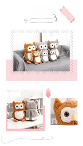Close-up of plush owl toys in various sizes and colors with soft fluffy texture