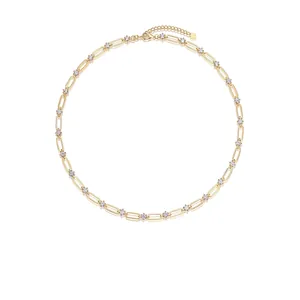 925 Sterling Silver Moissanite Necklace Gold Plated Paperclip Link Chain Round Clear Stone Minimalist Jewelry For Women