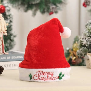 Thick red velvet Christmas hat with white plush trim and Merry Christmas embroidery