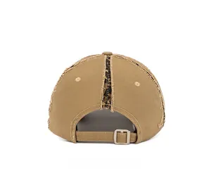 Rear view of khaki distressed cotton baseball cap with leopard print and metal buckle