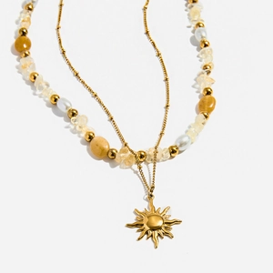 Bohemian Double Layer Sun Pendant Necklace Gold Plated Stainless Steel Artificial Pearl Natural Stone Vacation Jewelry For Women