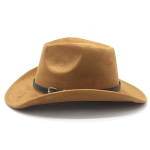 Macro detail of khaki suede cowboy hat with carved leather band and silver buckle