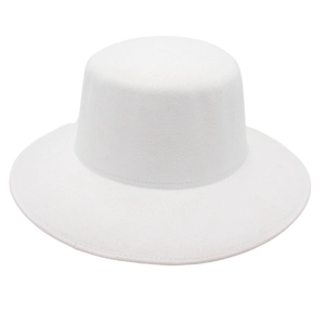 Elegant white wool felt flat top fedora hat with wide brim for french retro style