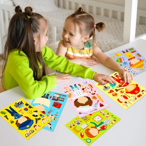 Kids playing with occupation theme DIY stickers including police and chef figures