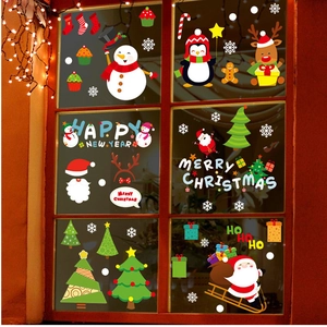 Christmas Window Stickers Static Clings PVC Reusable Santa Snowman Reindeer Decals For New Year Shop Glass Decoration