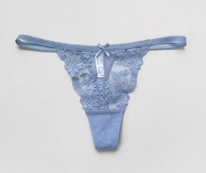 Detailed view of light blue lace thong with floral embroidery and center ribbon bow
