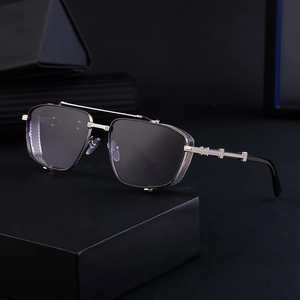 Steampunk silver metal square sunglasses with mesh side shields and decorative temples