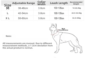 Detailed size chart for tactical dog collars showing M, L, and XL adjustment ranges