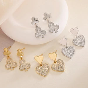 Elegant Copper Micro Inlaid Rhinestone Heart Club Drop Earrings For Women Geometric Fashion Gold Silver Jewelry