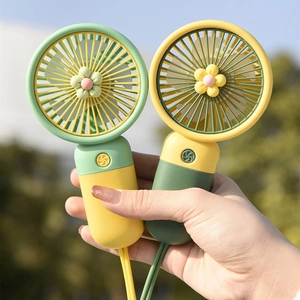 Handheld mini flower fans in yellow and green with USB charging for students