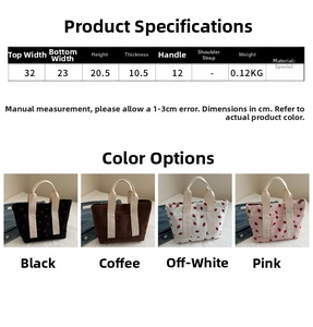 Detailed size specifications for corduroy tote bags with strawberry prints in four colors