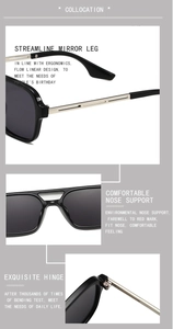 Detail view of black square aviator sunglasses with silver metal hinges and ergonomic temples