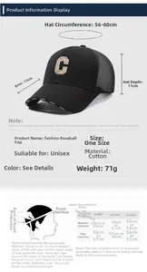 Size chart for breathable C-letter mesh baseball cap showing dimensions and head size guide