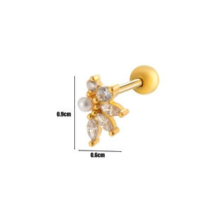 Detailed view of gold cartilage stud with marquise zircon butterfly and pearl, 0.9x0.6cm