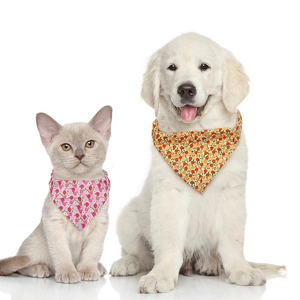 Detail view of cats and dogs wearing floral and fruit pattern pet triangle scarves