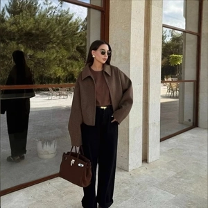 Women Short Woolen Felt Jacket Zipper Lapel Collar Loose Fit Casual Streetwear Fall Winter Outerwear