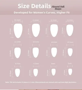 Tableau des tailles d'ongles en amande montrant 12 largeurs de 7 mm à 14,1 mm de précision