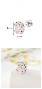 Macro detail of donut earring with pink enamel and colorful sprinkles, size 0.89x0.8cm