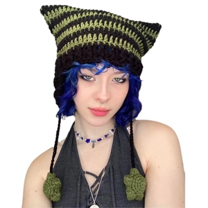 Handmade striped cat ear beanie with devil horns and star charms for women