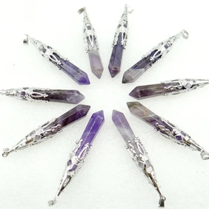 Set of 10 natural amethyst hexagonal prism pendants with elegant silver metal flower caps