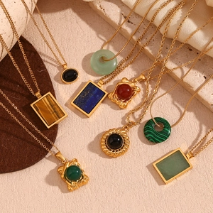 Vintage Stainless Steel Natural Stone Pendant Necklace Geometric Round 18K Gold Plated Fashion Jewelry For Women Daily Gift