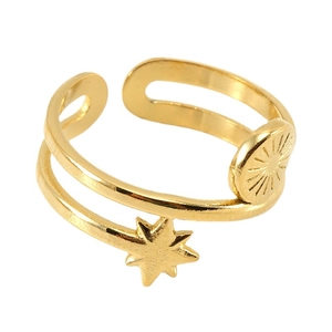 18K gold plated stainless steel double layer ring featuring star and disk charms